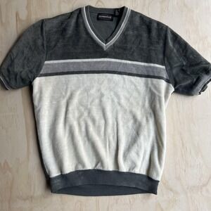 Vintage Momentum Sweater Mens Large Gray Striped V Neck Short Sleeve Knit Top